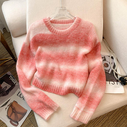 雀说春装新款韩版设计感渐变色宽松短款针织衫毛衣女 商品图0