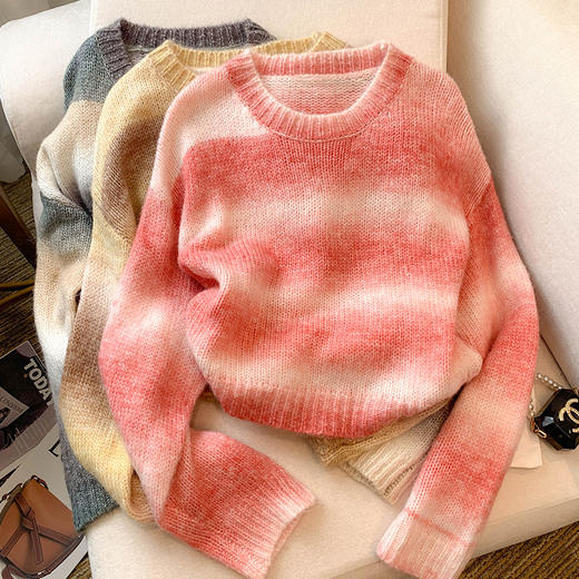 雀说春装新款韩版设计感渐变色宽松短款针织衫毛衣女 商品图3