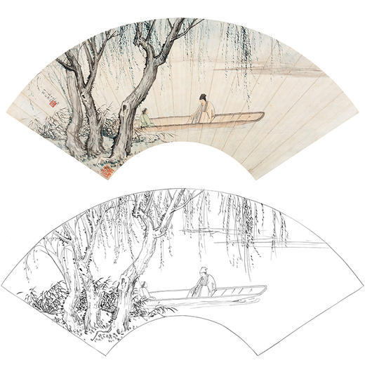 陈少梅山水人物工笔画白描底稿扇面《柳溪笛声》临摹勾线高清打印稿SM33 商品图0
