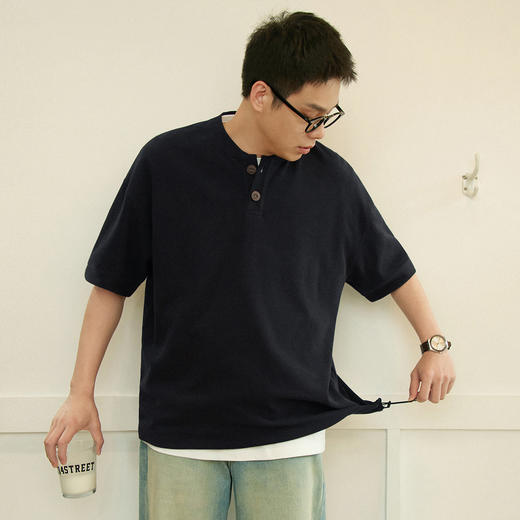714street重磅日系华夫格短袖T恤男夏季新款国潮亨利领上衣情侣装 商品图2
