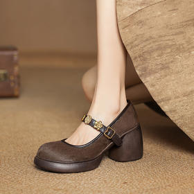 【预售5天】英伦风厚底小皮鞋女粗跟圆头一字扣带真皮马毛玛丽珍浅口单鞋TYMXY&6850