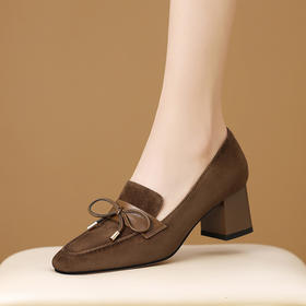 【预售5天】春季新款蝴蝶结圆头磨砂皮粗跟英伦风小皮鞋中跟深口乐福鞋女HY&H3597