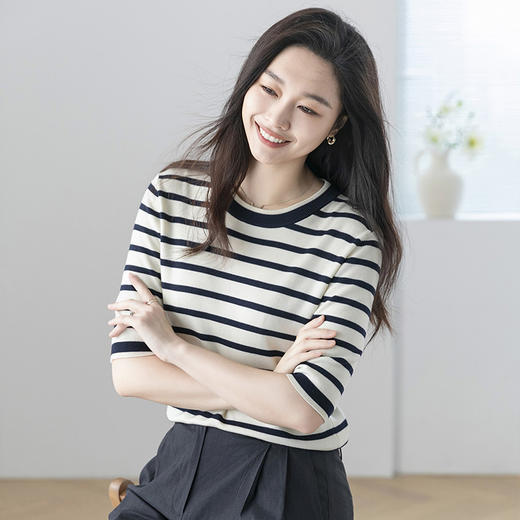 火桐hooton 自在舒适 条纹圆领针织短袖G223 商品图5