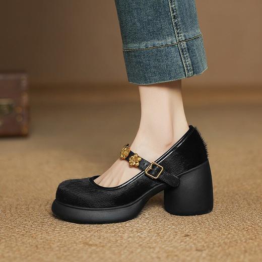 【预售5天】英伦风厚底小皮鞋女粗跟圆头一字扣带真皮马毛玛丽珍浅口单鞋TYMXY&6850 商品图2