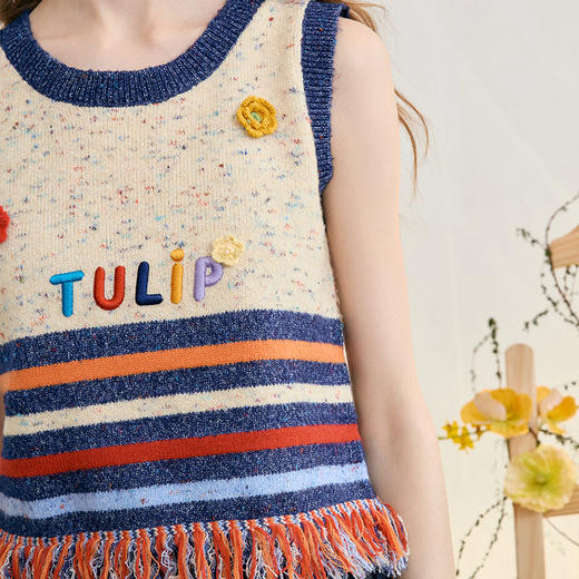 两三事 缓存浪漫 2025春新款字母刺绣拼色条纹流苏下摆针织衫女 商品图2