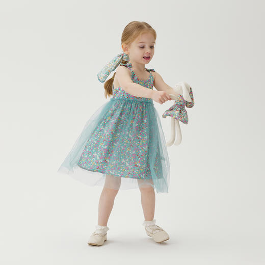 【马克珍妮 芦芙】夏装新款 女童碎花蝴蝶结吊带网纱连衣裙230003 商品图2