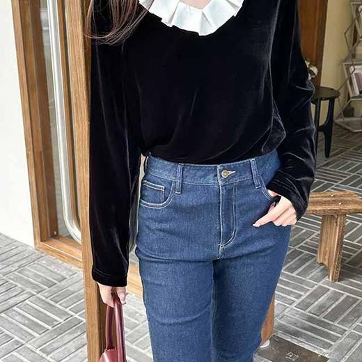 顺丰包邮洛诗琳45020法式甜美风真丝丝绒压褶荷叶领长袖上衣2015B 商品图3