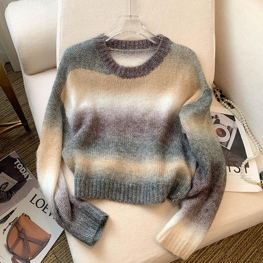 雀说春装新款韩版设计感渐变色宽松短款针织衫毛衣女 商品图1