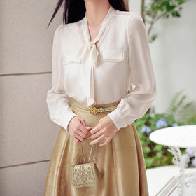 【雅*同款】SUSX小香风拼接飘带V领衬衫C12TJ-99945（下单3-7天发货）
