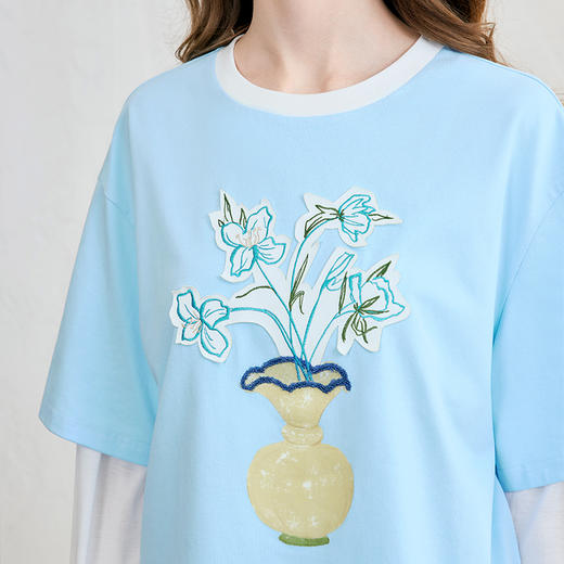 两三事 天青伏笔 2025春季新款小清新贴布绣拼色短袖棉t恤女宽松 商品图2