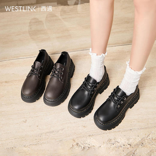 西遇英伦风小皮鞋女新款早春增高厚底乐福鞋圆头系带马丁单鞋D0047603 商品图0