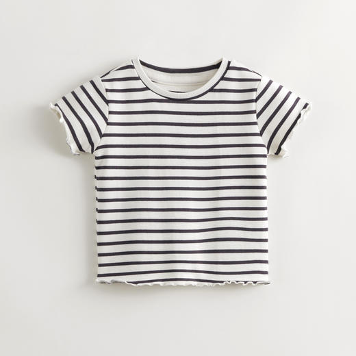 马克珍妮女童弹力针织波浪边条纹短袖T恤儿童上衣夏装新款240721 商品图3
