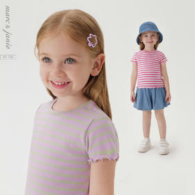 马克珍妮女童弹力针织波浪边条纹短袖T恤儿童上衣夏装新款240721