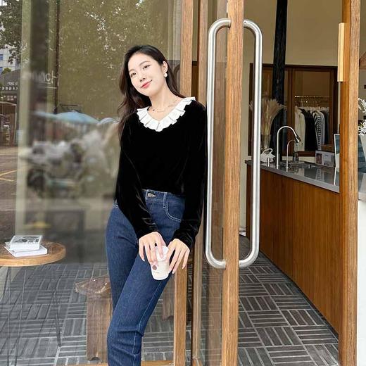 顺丰包邮洛诗琳45020法式甜美风真丝丝绒压褶荷叶领长袖上衣2015B 商品图2