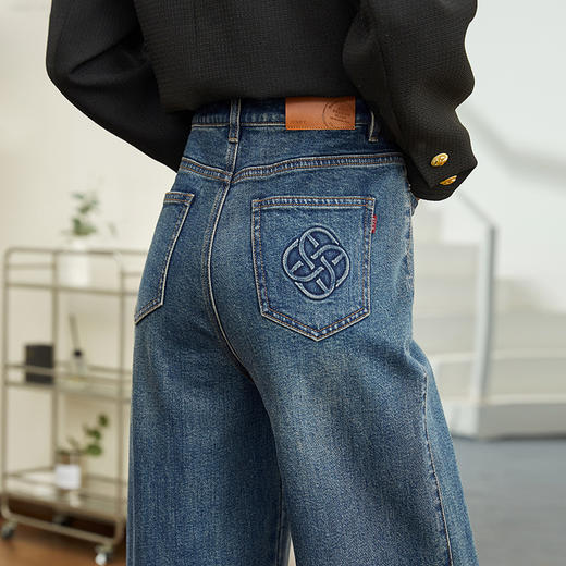 【春新品窄版牛仔阔腿裤】逸阳长直筒印花棉弹牛仔裤子1405 商品图6