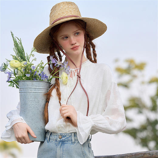 复古文艺风重工提花肌理感衬衫女拼接荷叶边V领衬衣V0350075 商品图3