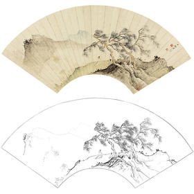 陈少梅山水人物工笔画白描底稿扇面《松下高士》临摹勾线高清打印稿SM31