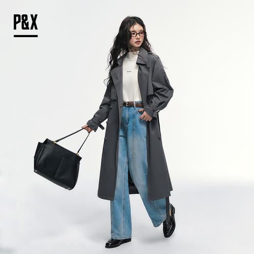 P&X设计师女装 时尚气质新款腰带扣长款风衣宽松825119082 灰色 商品图1
