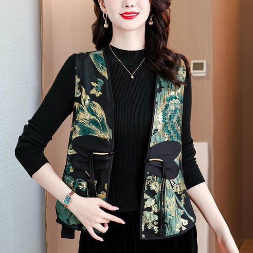 ARS33690高品质减龄小个子中年女新中式青色国风宋锦马甲新款春款流行马夹 商品图2