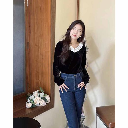 顺丰包邮洛诗琳45020法式甜美风真丝丝绒压褶荷叶领长袖上衣2015B 商品图1