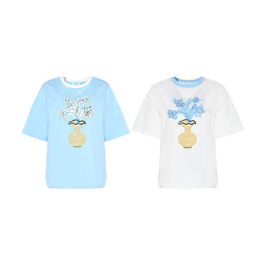 两三事 天青伏笔 2025春季新款小清新贴布绣拼色短袖棉t恤女宽松 商品图4