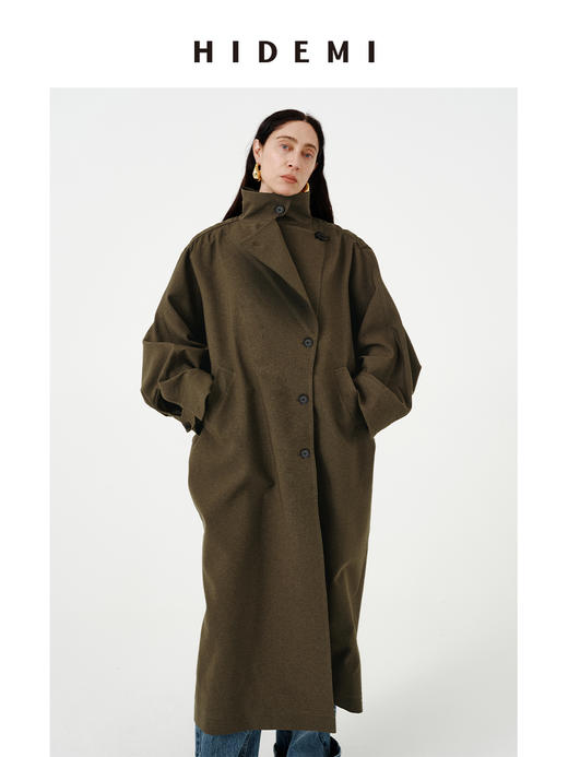 HIDEMI 日本进口阳离子纱线斗篷蝙蝠袖双层不对称领宽松长款风衣 商品图2