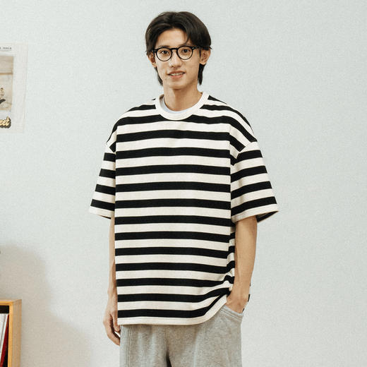 714street美式休闲重磅条纹短袖T恤男2025夏季新款国潮宽松上衣 商品图1