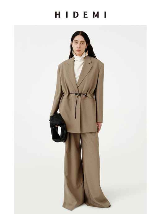 HIDEMI 日本进口阳离子纱线极简廓形皮腰带抽绳设计感西装套装 商品图1