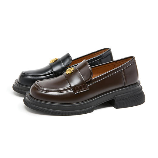 西遇山茶花乐福鞋女新款秋冬英伦一脚蹬豆豆鞋黑色厚底小皮鞋D0056201/V2457315 商品图4