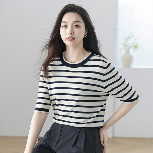 火桐hooton 自在舒适 条纹圆领针织短袖G223 商品图3