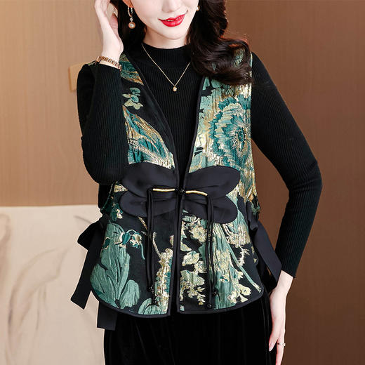 ARS33690高品质减龄小个子中年女新中式青色国风宋锦马甲新款春款流行马夹 商品图1