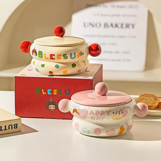 摩登主妇生日女孩泡面碗双耳带盖面汤碗家用2025新款餐具陶瓷碗具 商品图0
