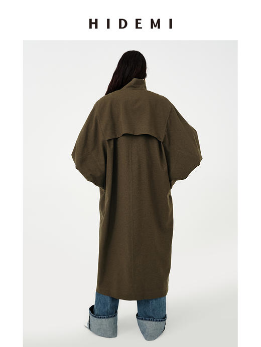 HIDEMI 日本进口阳离子纱线斗篷蝙蝠袖双层不对称领宽松长款风衣 商品图5