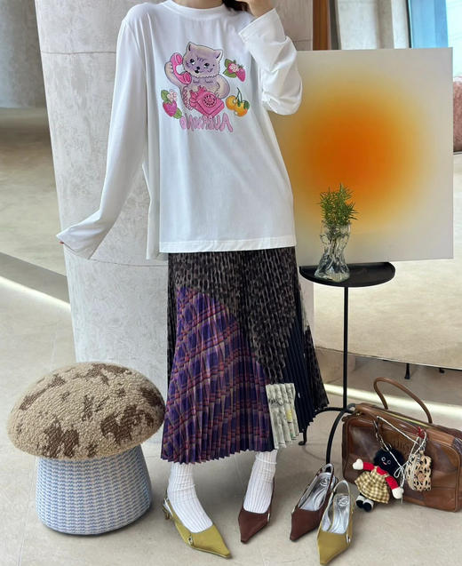 【2月21日 上午12:30 秒杀】莫代尔T恤 设计师品牌 围绕“Call me”而诞生的猫咪印花图案趣味长袖T 商品图3