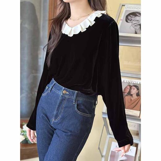 顺丰包邮洛诗琳45020法式甜美风真丝丝绒压褶荷叶领长袖上衣2015B 商品图4