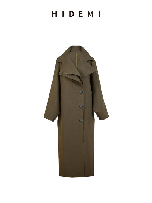 HIDEMI 日本进口阳离子纱线斗篷蝙蝠袖双层不对称领宽松长款风衣 商品图6