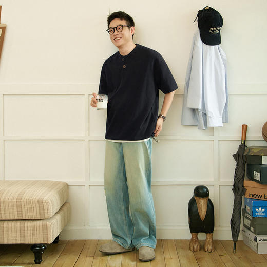 714street重磅日系华夫格短袖T恤男夏季新款国潮亨利领上衣情侣装 商品图3