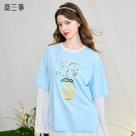 两三事 天青伏笔 2025春季新款小清新贴布绣拼色短袖棉t恤女宽松