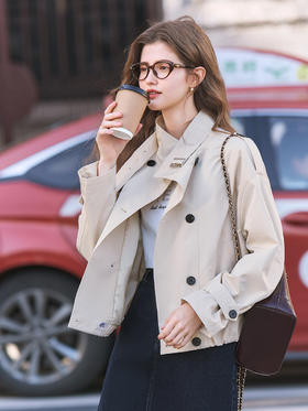 【百图lulu定制】【英伦风衣】肩章 下摆收拢 防风立领翻领 短款 双排扣风衣