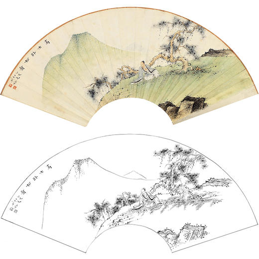 陈少梅山水人物工笔画白描底稿扇面《高士卧松图》临摹勾线高清打印稿SM34 商品图0