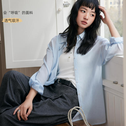 【春季必备】【天丝亚麻，舒适柔和】KPUWARM春季新款女老钱风亚麻天丝长袖衬衫女休闲兰精天丝亚麻上衣 商品图1