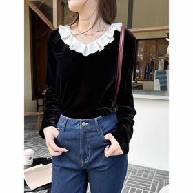 顺丰包邮洛诗琳45020法式甜美风真丝丝绒压褶荷叶领长袖上衣2015B