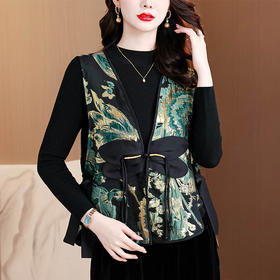 ARS33690高品质减龄小个子中年女新中式青色国风宋锦马甲新款春款流行马夹