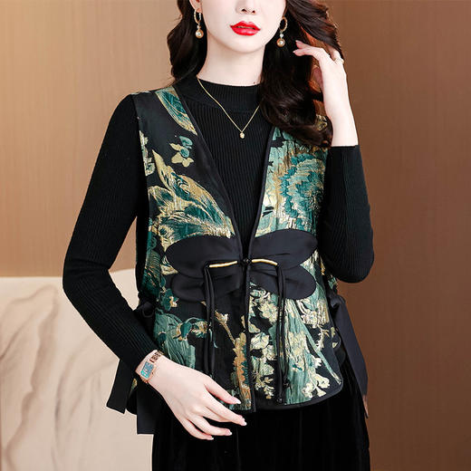 ARS33690高品质减龄小个子中年女新中式青色国风宋锦马甲新款春款流行马夹 商品图0