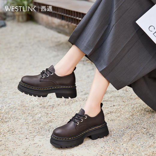 西遇英伦风小皮鞋女新款早春增高厚底乐福鞋圆头系带马丁单鞋D0047603 商品图2