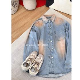 2025新品  蕾蕾同款【腔调感】小众废土风水洗扎染单排扣长袖宽松牛仔衬衫外套