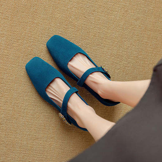 OLDK1370春秋杏色方头内增高单鞋女浅口羊翻皮f玛丽珍鞋方头软底大码磨砂 商品图2