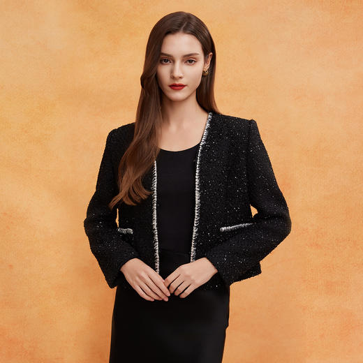 QE101斯尔丽25春季新款低调奢华箱式小香风手工编制装饰边直身型外套 商品图0