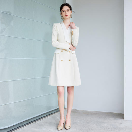 IWY/高级感米白色缎面西装连衣裙女春季长袖新款职业裙装Q1014 商品图2