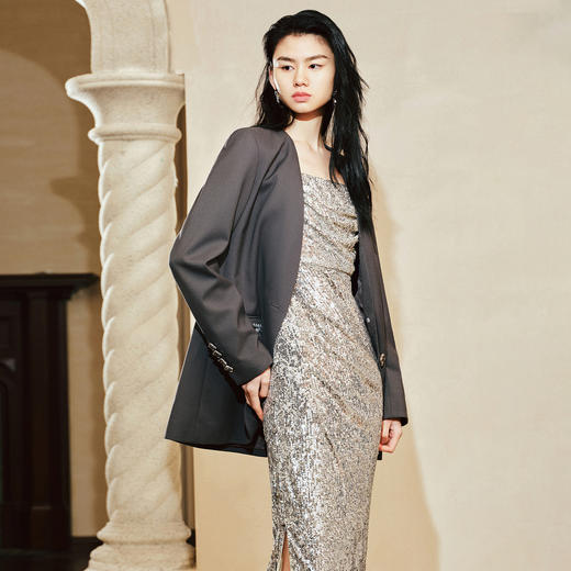 都市奢华感无领亮片装饰廓形西装外套(货号:MC85JA056A8002) 商品图1